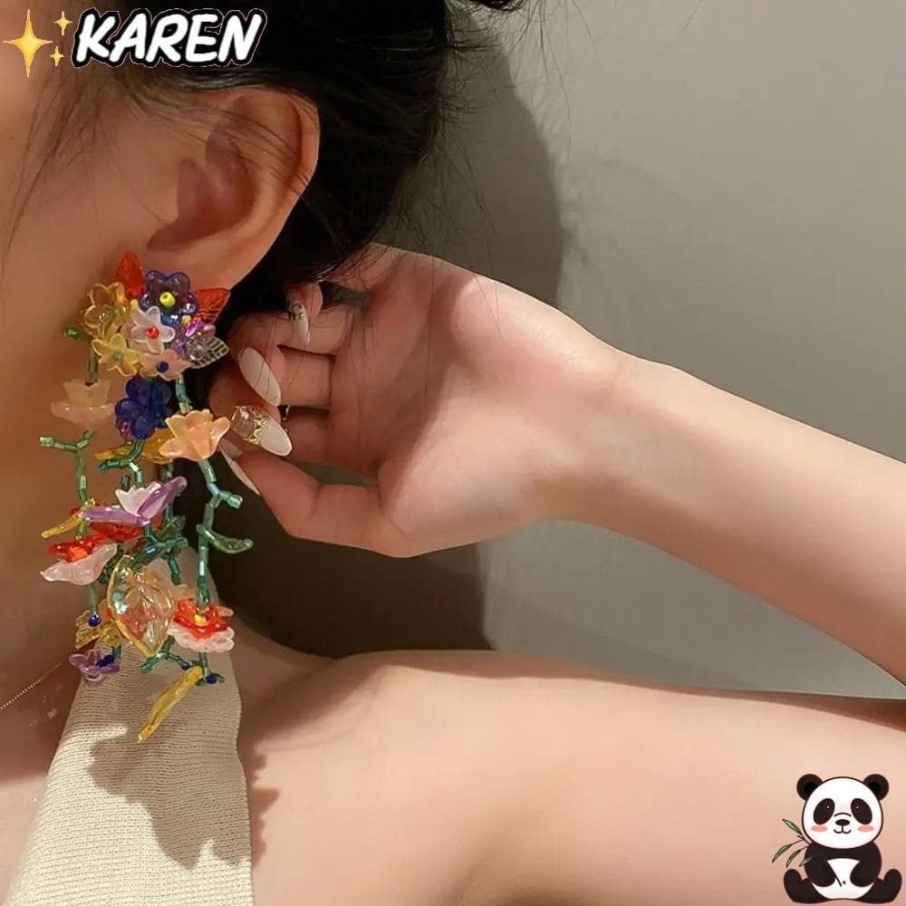 1 Par de Brincos Longos com Franjas, Estilo Boho Feitos à Mão com Flores Transparentes Penduradas