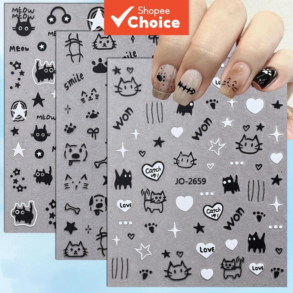 3/6/12 folhas de adesivos 3D fofos de gato preto e branco para unhas, autoadesivos, estampas de pata com corações e
