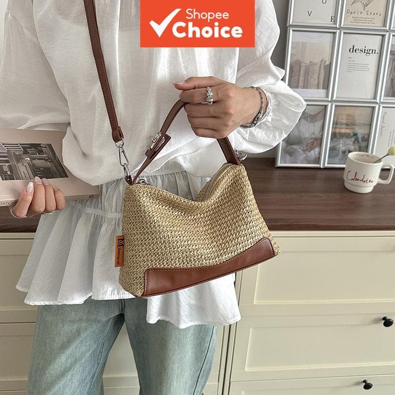 Bolsa de palha feminina tiracolo verão praia bolsa de mão casual com detalhe em couro PU