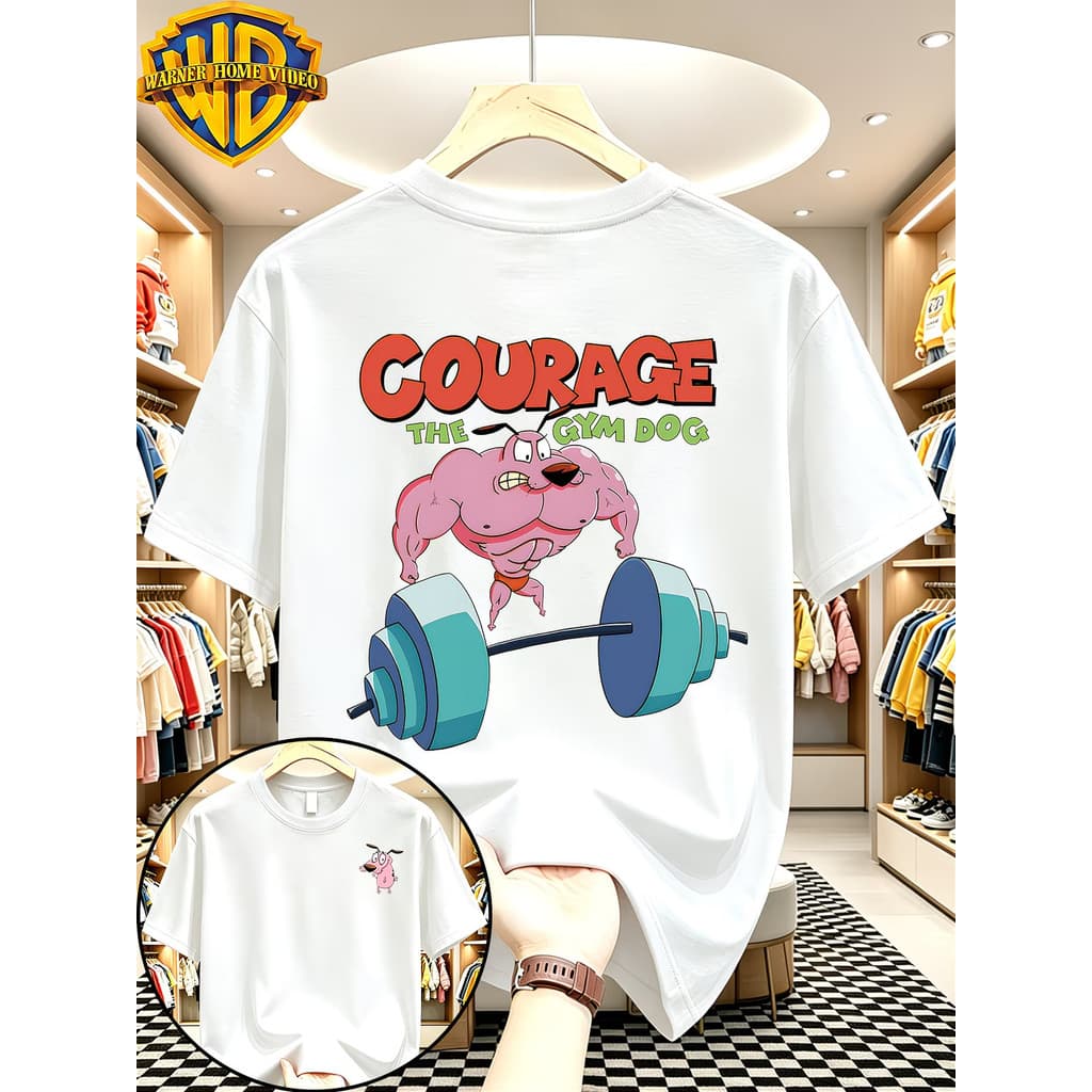 Camiseta Branca Unisex Design com Courage o Cachorrinho de Coragem Estilizado Texto "COURAGE" Alta Qualidade Moda Urbana