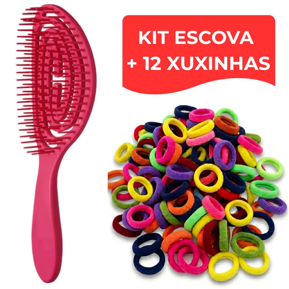 Escova Cabelo Mágica Desembaraçadora Anti Frizz Flexível + 12 Xuxinha Rabicó Uso Diário