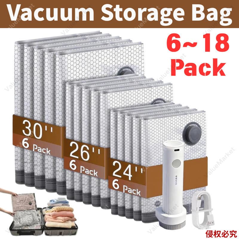 Conjunto de Sacos de Compressão a Vácuo para Viagem Sem Fio com Bomba de Ar Recarregável, Sacos a Vácuo