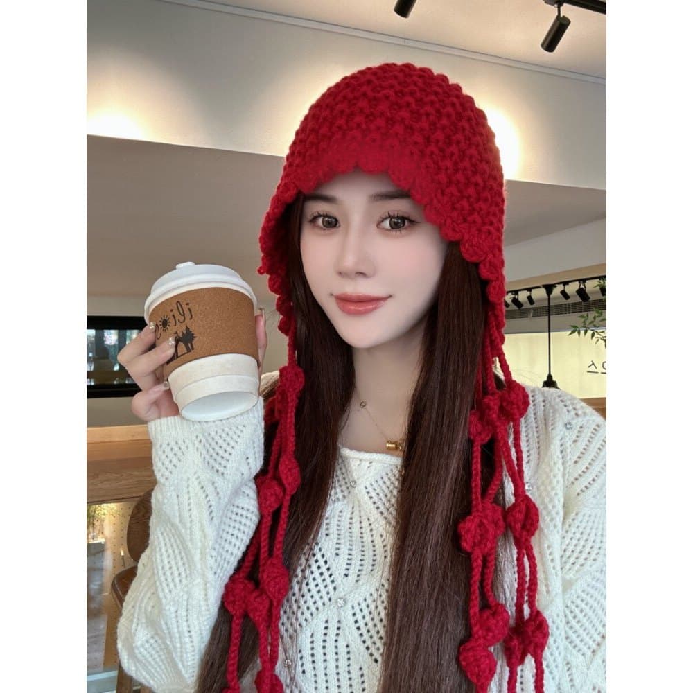 Influenciador japonês borla chapéu de lã feminino outono inverno Lei Feng chapéu versão coreana doce bonito proteção de