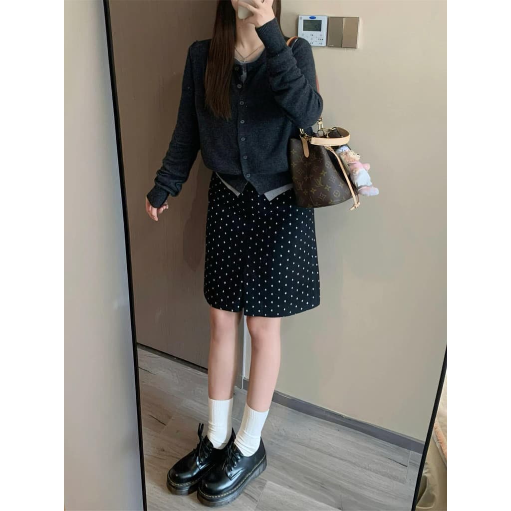 Preto Polka Dot terno saia curta feminino verão estilo fino tamanho grande gordura mm capa barriga mais magro olhar pêra