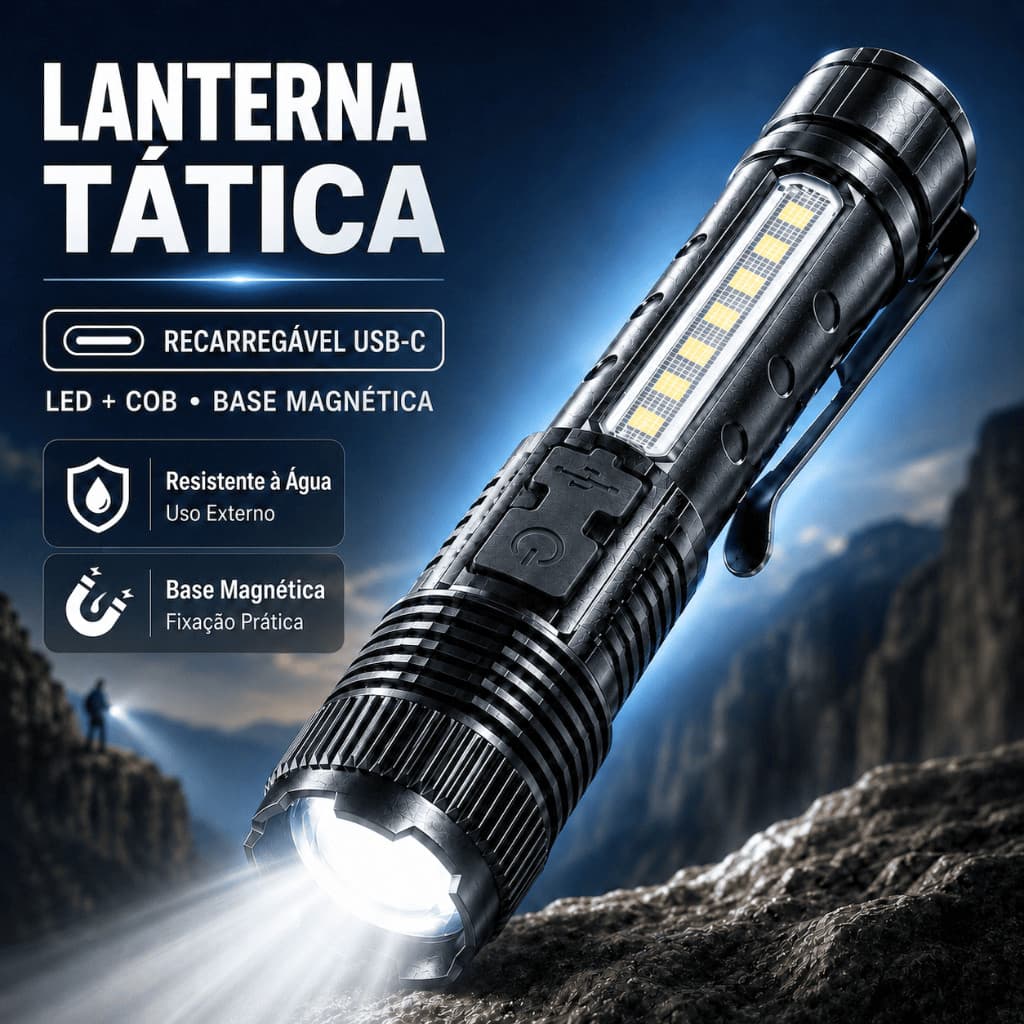 Lanterna Tática LED Recarregável USB-C Zoom COB Lateral Luz Forte Base Magnética Camping Emergência