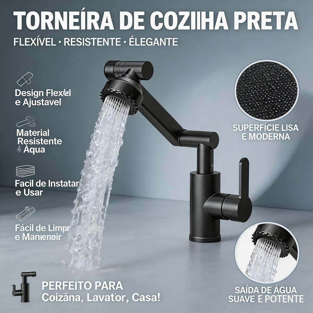 Torneira de Cozinha Giratória 1080° Anti-Salpicos Água Fria e Quente Jato Duplo para Pia de Louça