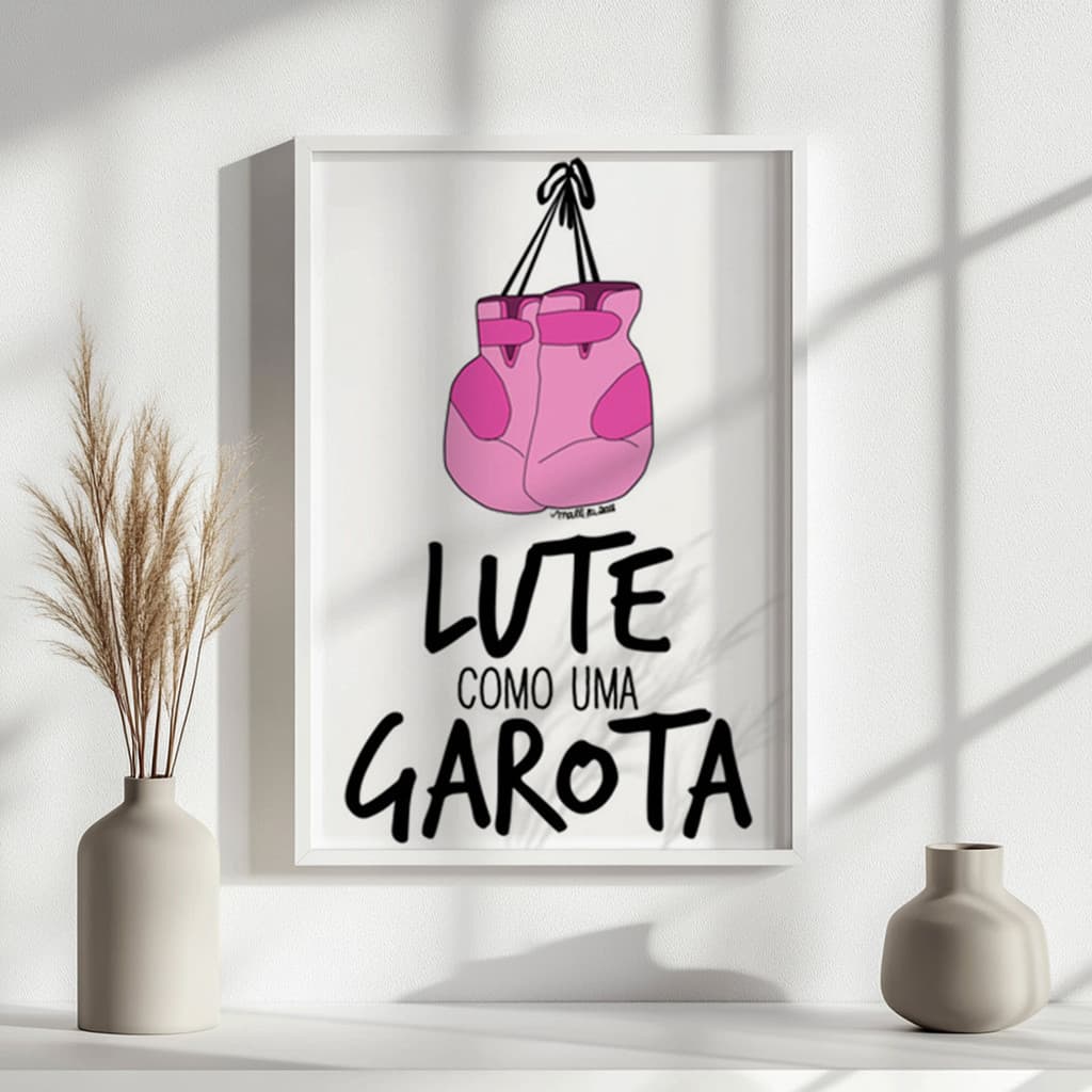 Quadro Lute Como Uma Garota Luvas Boxe Rosa Feminismo Frase Motivacional Inspiração Decoração