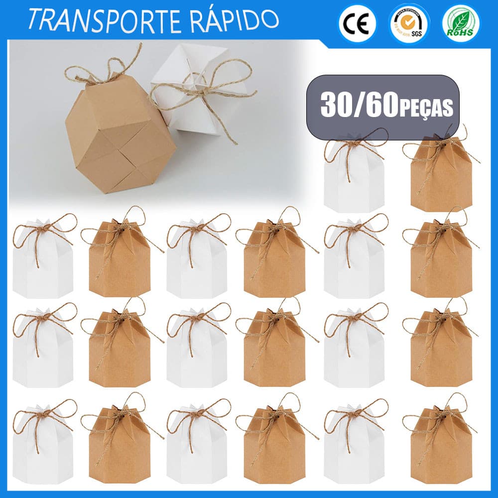 30/60x marrom Hexagonal caixa de embalagem de papel Kraft caixa de doces de biscoito adequada para festa de corda chá de