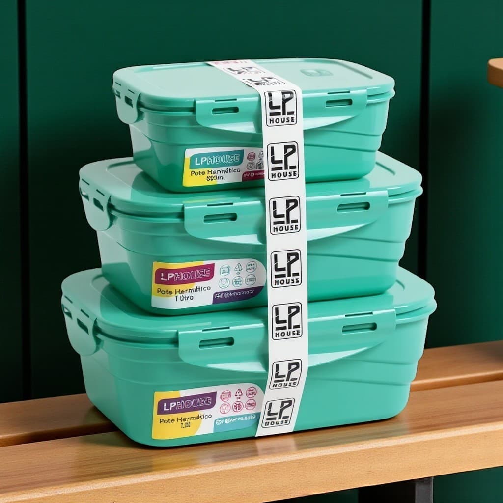 Conjunto 3 Potes Herméticos Plásticos – 0,5L, 1L e 1,5L – Vedação com Tampa Trava