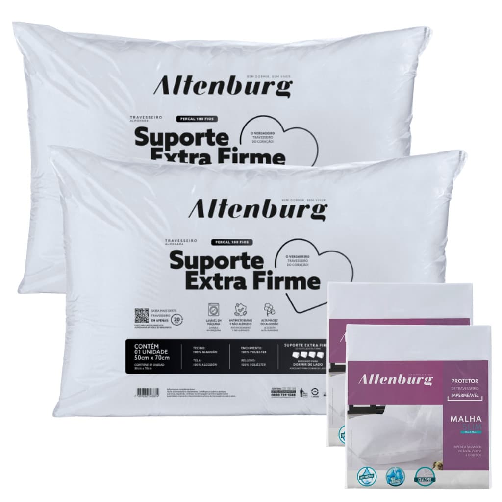 Kit 4 Pçs Altenburg | 2 Travesseiros Extra Firme + 2 Capas Protetoras Impermeáveis c/ Ziper