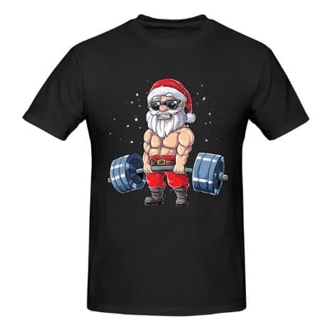 Camiseta Básica Algodão Unissex Papai Noel Levantando Peso Moda Natal