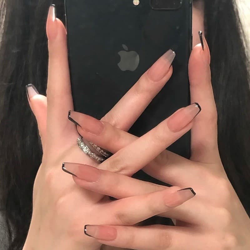24pcs Unhas Postiças de Acrílico em Forma de Baú, Pretas, Trapezoidais, Francesas, Ballerina