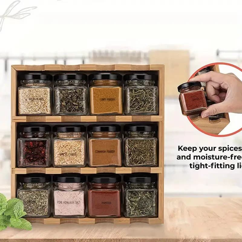 Kit 12 Porta Condimento Tempero Com Suporte Em Bambu Armazenamento De Cozinha  Organizadora de Temperos em Bambu Com