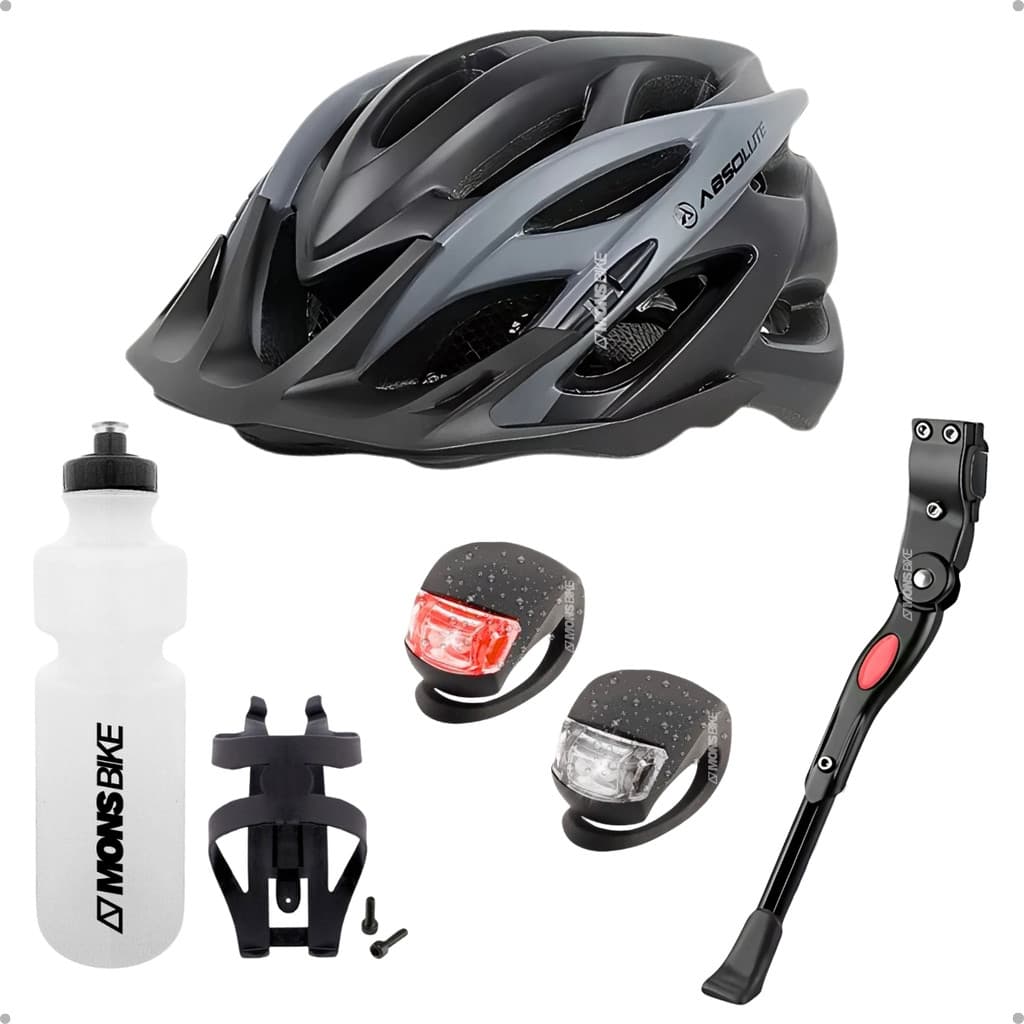 Kit Capacete Bike Ciclismo + Garrafa Squeeze C/ Suporte + Piscas Lanterna Led + Descanso Lateral