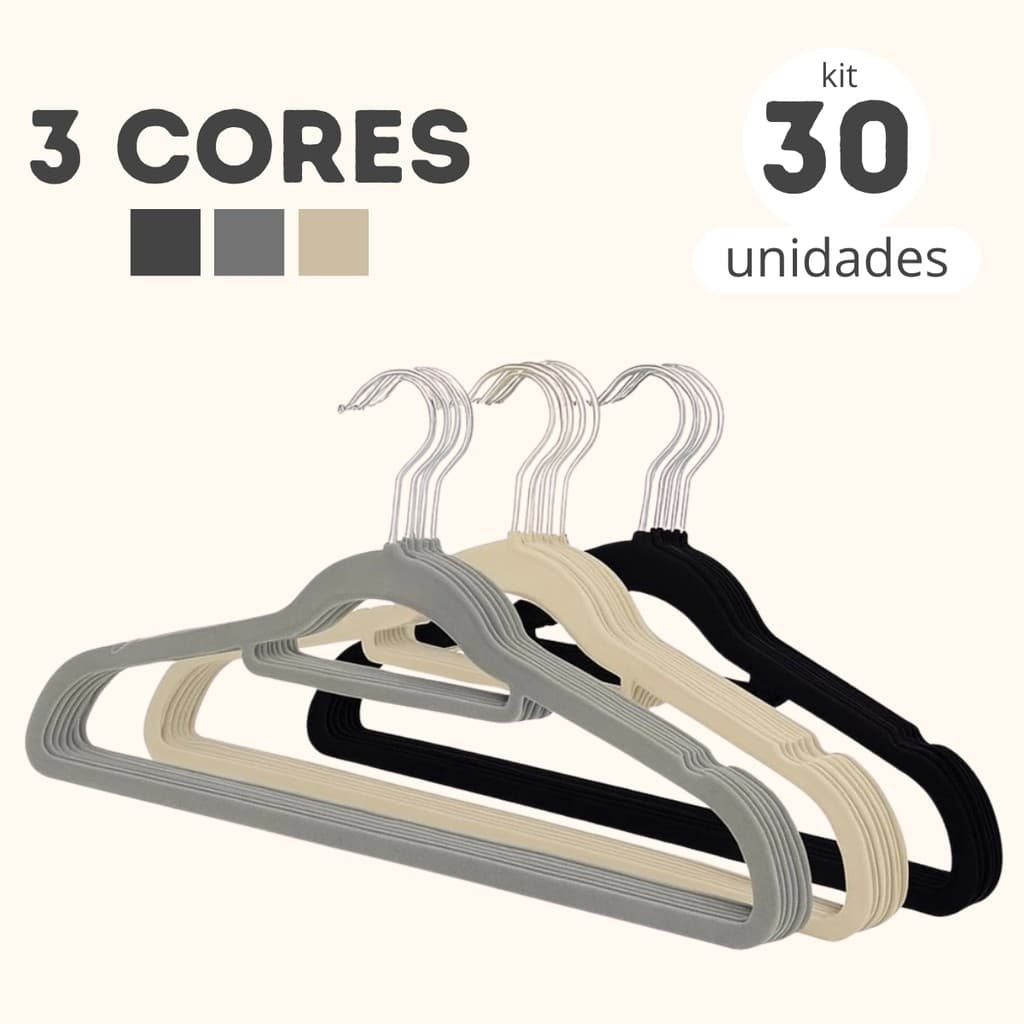 Kit 30 Cabides De Veludo Antideslizante Ultra Fino Slim Cinza Bege Preto