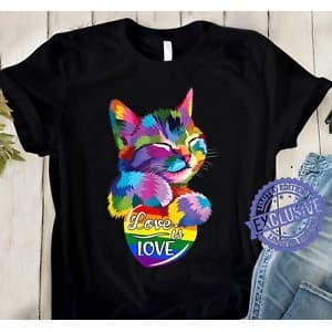 Camiseta Básica Love Is Love Gato Orgulho LGBT Unissex
