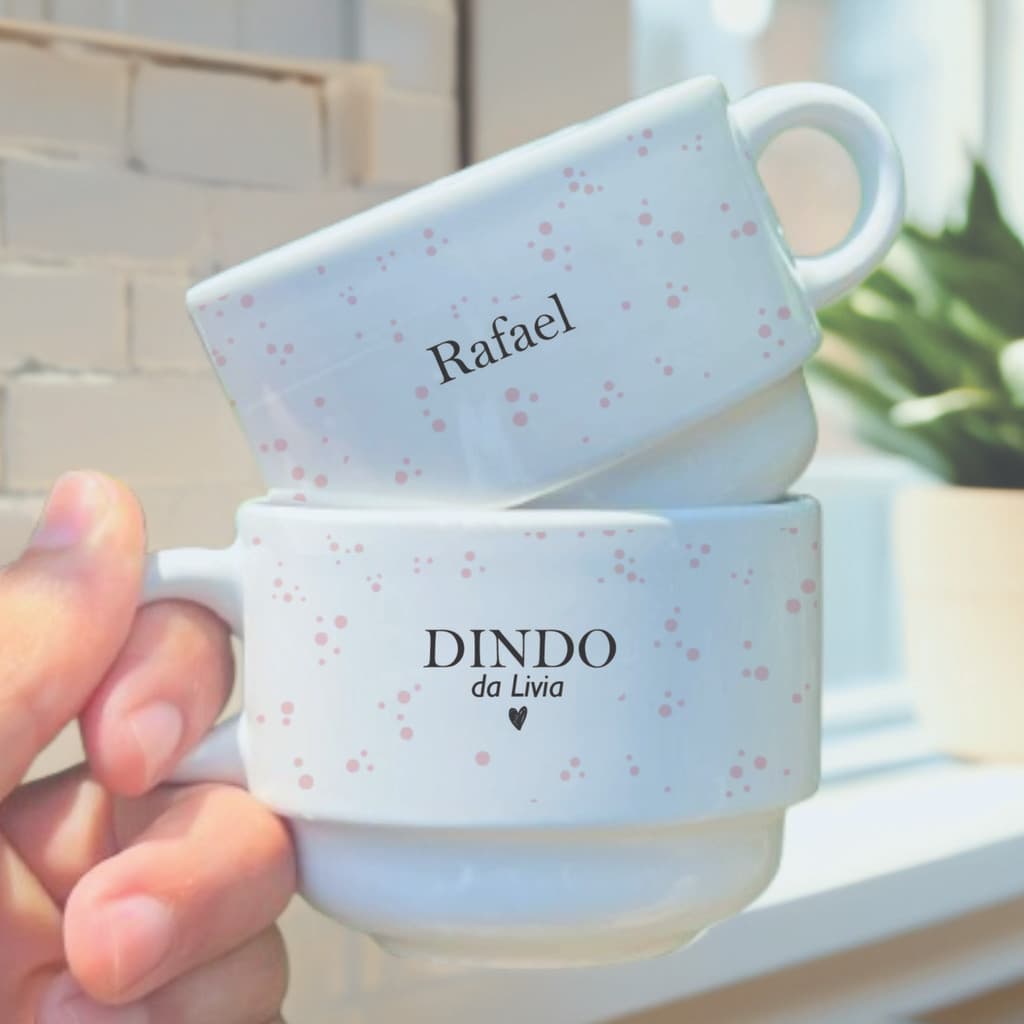 Xicara de Porcelana Personalizada Com Nome Dinda e Dindo Pontiinhos Rosa Batizado Bebê