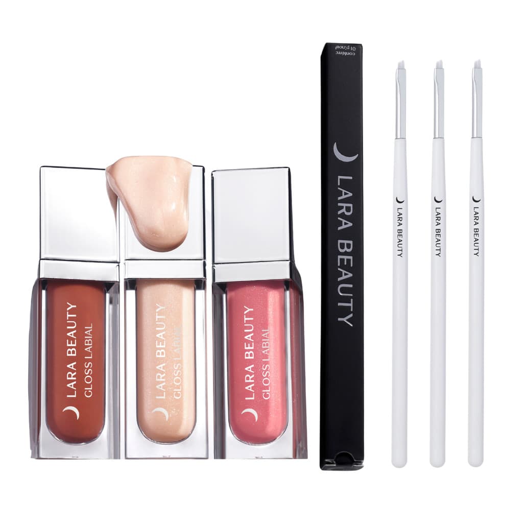 Kit 3 Gloss Labial Rose Rosa Nude + 3 Pincel Maquiagem Chanfrado Traço Fino Contorno Delineador
