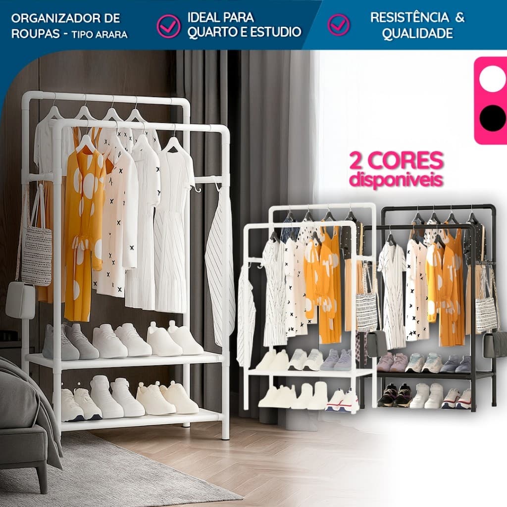 Cabideiro Metálico Slim com Prateleiras e Ganchos Laterais – Estrutura Compacta e Reforçada