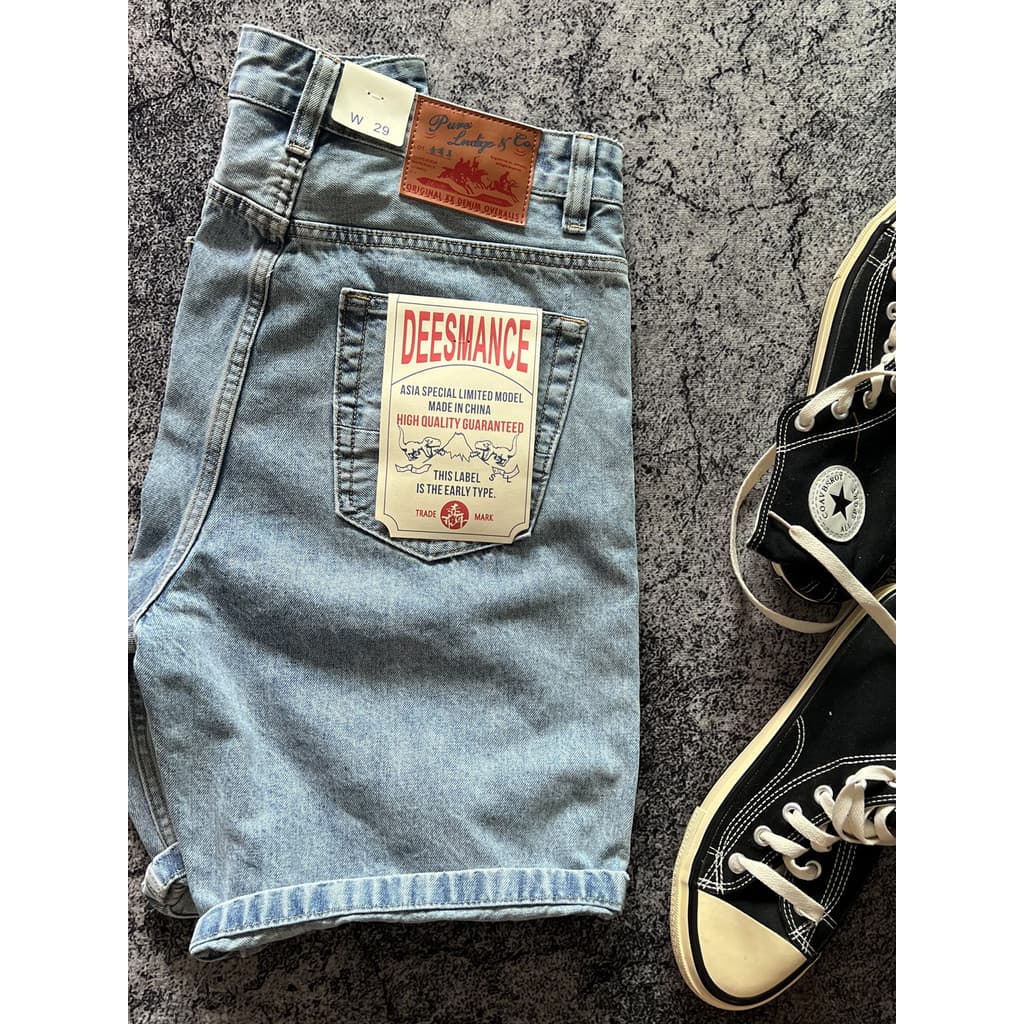 Americano Retro indústria pesada enzima moagem branco lavado azul claro verão Shorts jeans retos masculinos soltos calça