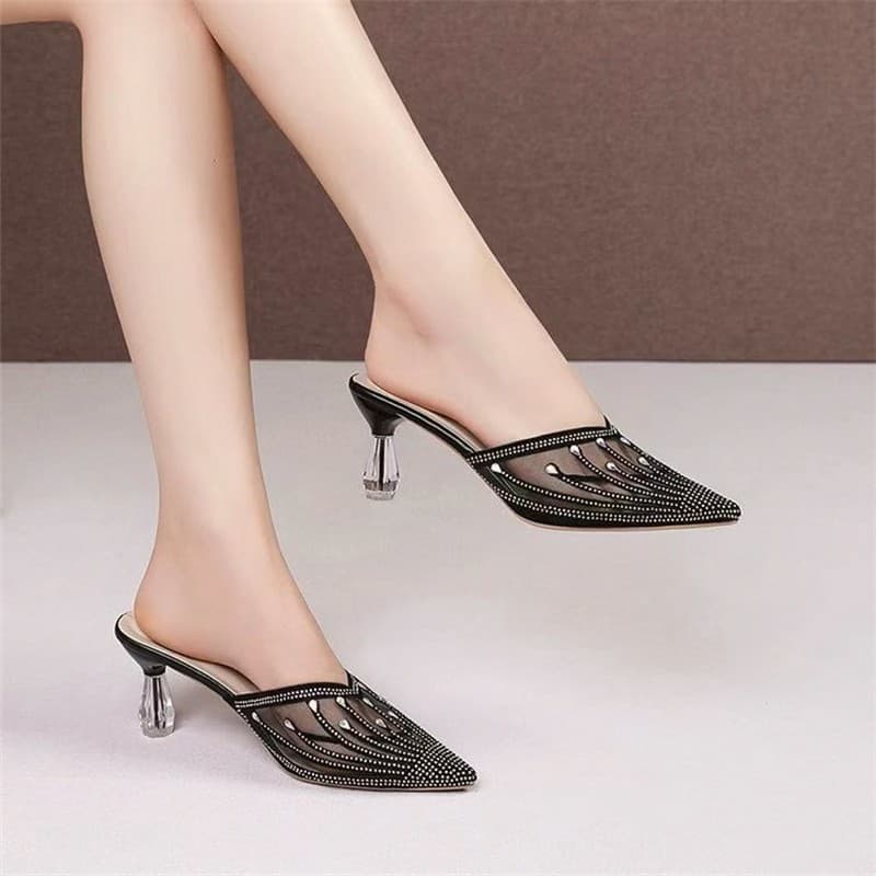 Stiletto Baotou novo estilo feminino strass 2026 Mules verão meia chinelos oco salto alto salto cristal sem salto femini