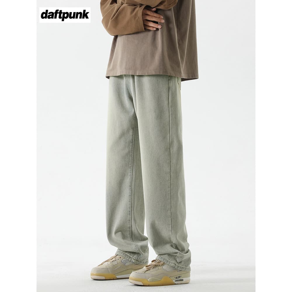 Calças de brim americanas masculinas outono lavado angustiado gelo seda amarelo lama tingida calças street Wear High str