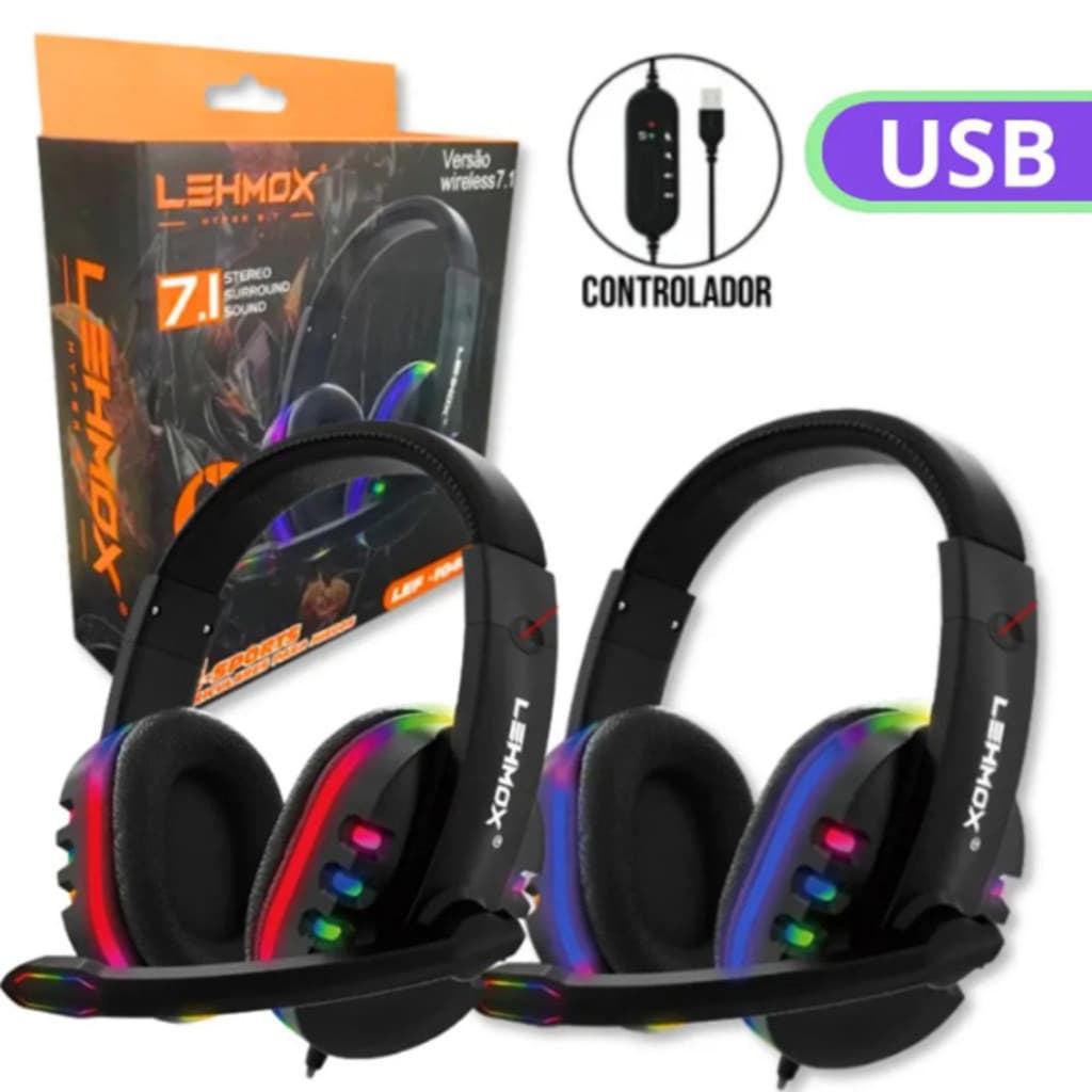 Fone de Ouvido Gamer Lehmox RGB com Microfone e Controle de Volume - Headset Para Games e Streaming