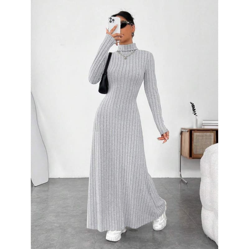 Feminino outono inverno temperamento fino-ajuste gola alta moda cor sólida Pit Strip escovado malha vestido de mangas co