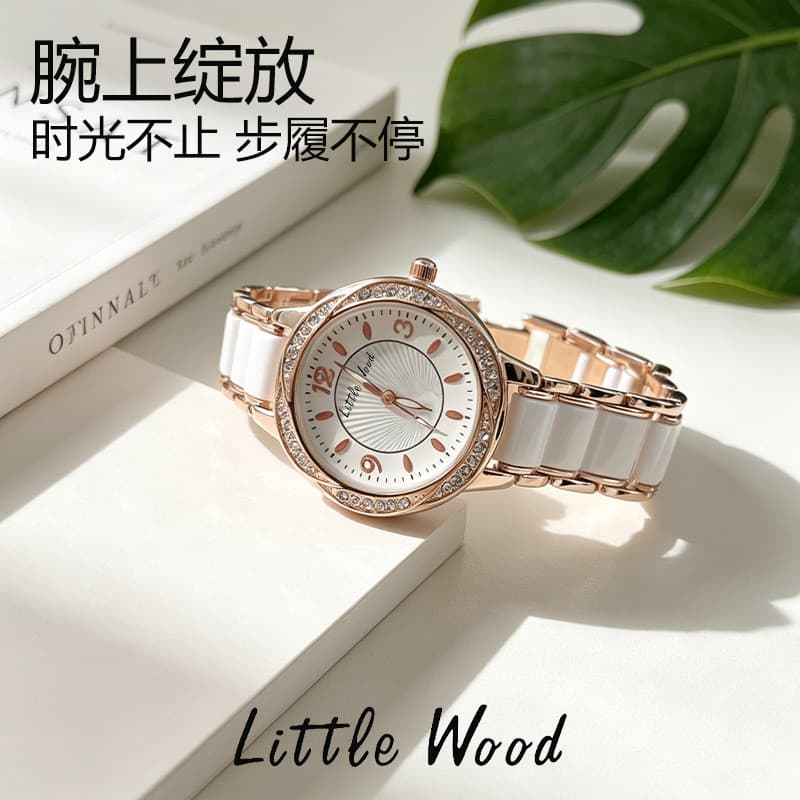 Relógio feminino elegante, retrô, de luxo leve, casual, com pulseira de cerâmica, detalhes em renda, redondo, com diaman