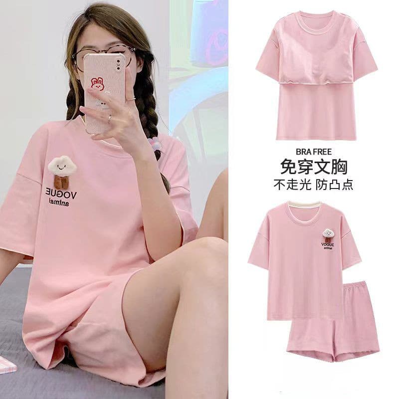 Pijamas femininos com almofadas no peito 2024 novo estilo verão puro algodão integrado Anti-colisão Shorts de manga curt