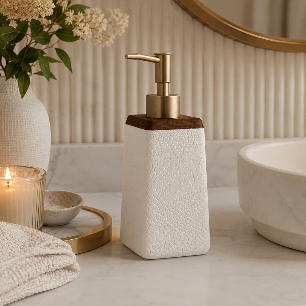 Porta Sabonete Líquido Dispenser Lavabo Branco e Pump Dourado 450ml