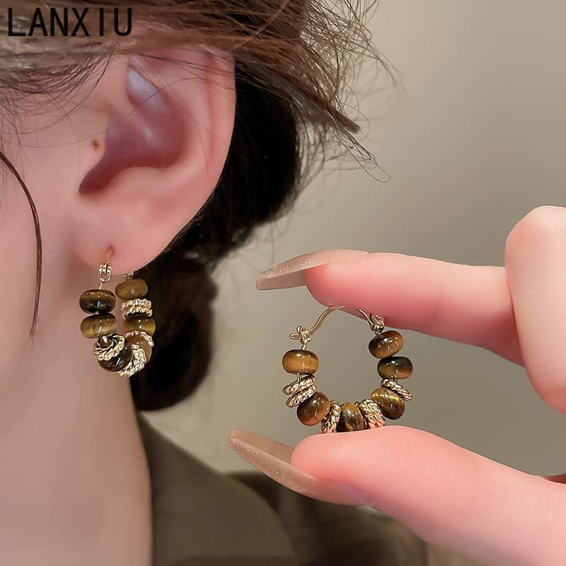 ‌ LANXIU Tigre Olho Pedra Orelha Punhos Marrom Retro Outono Moda Luz Brincos De Luxo Feminino Na Boho Jóias
