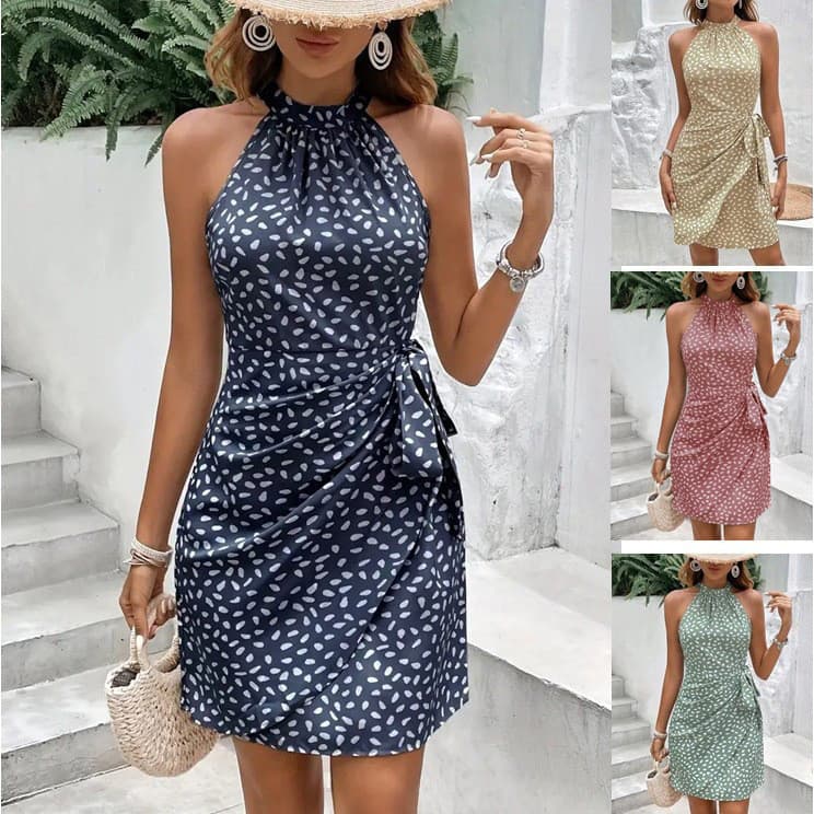vestido com dobras de cintura sem mangas, vestido de pescoço