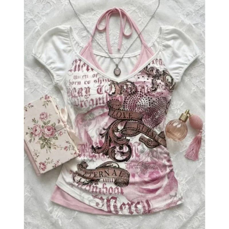 Top feminino Y2K falso de duas peças, manga curta, com decote halter e cores contrastantes, modelo Bongdage DHI1