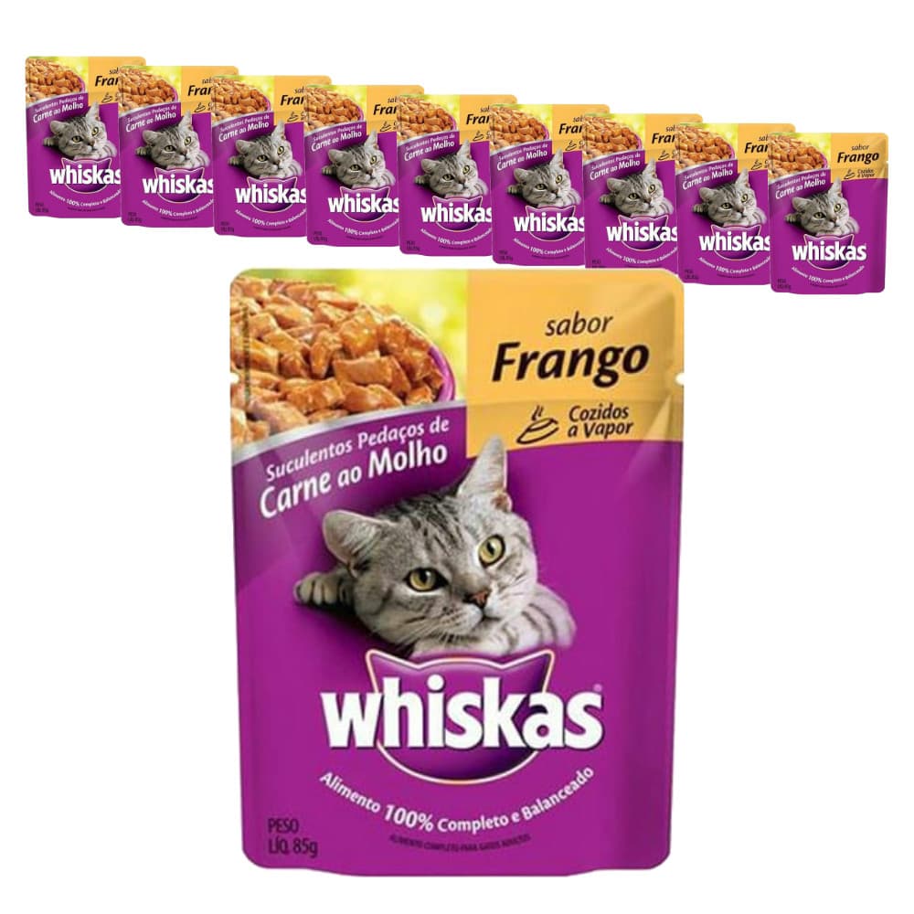 Ração Úmida Whiskas Sachê para Gatos Adultos sabor Frango ao Molho 85g - KIT 10 unids.