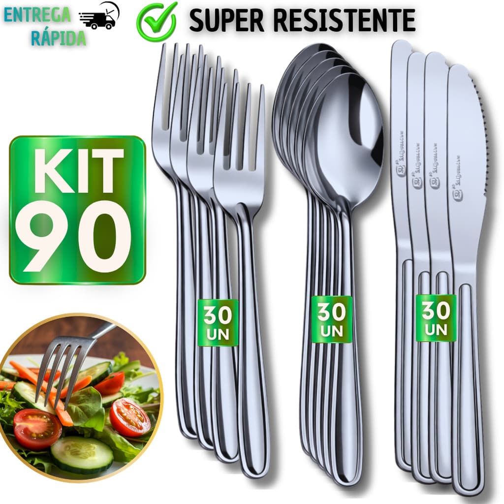 Jogo com 90 Talheres Inox Garfos Faca Colheres para Restaurantes Cozinha Lanchonetes Colher Faca Garfo Copa