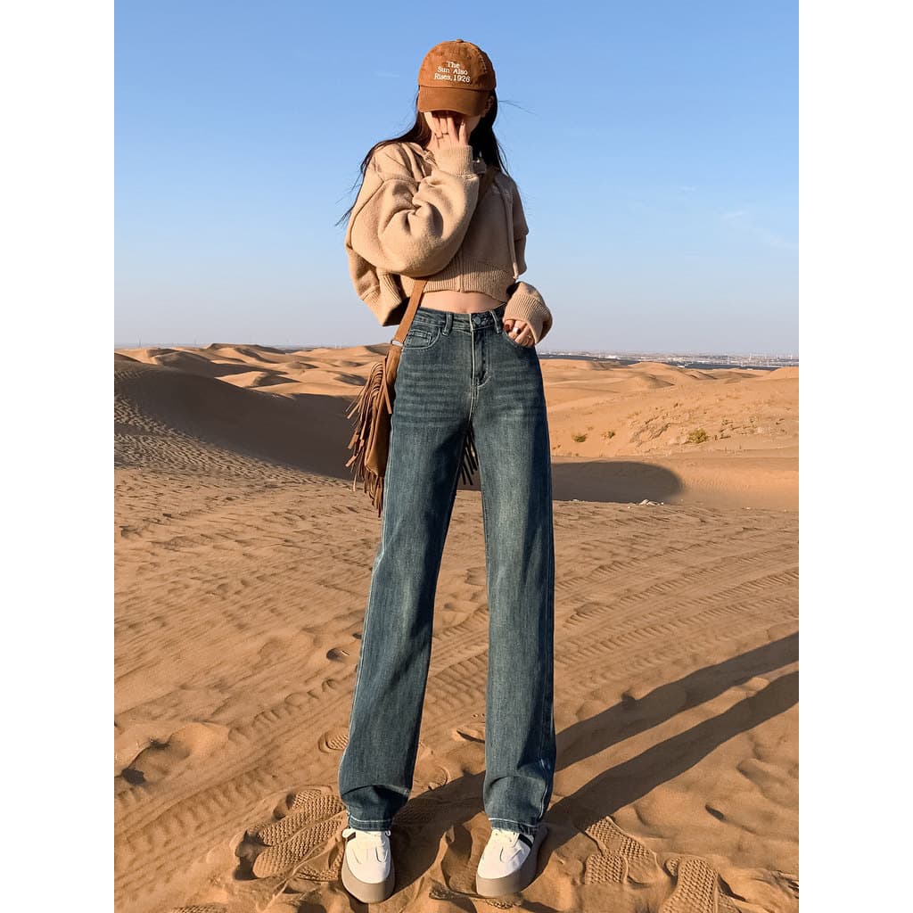Vfvk Retro calças de brim retas femininas 2026 novo estilo verão solto mais magro olhar calças femininas pequenas calças