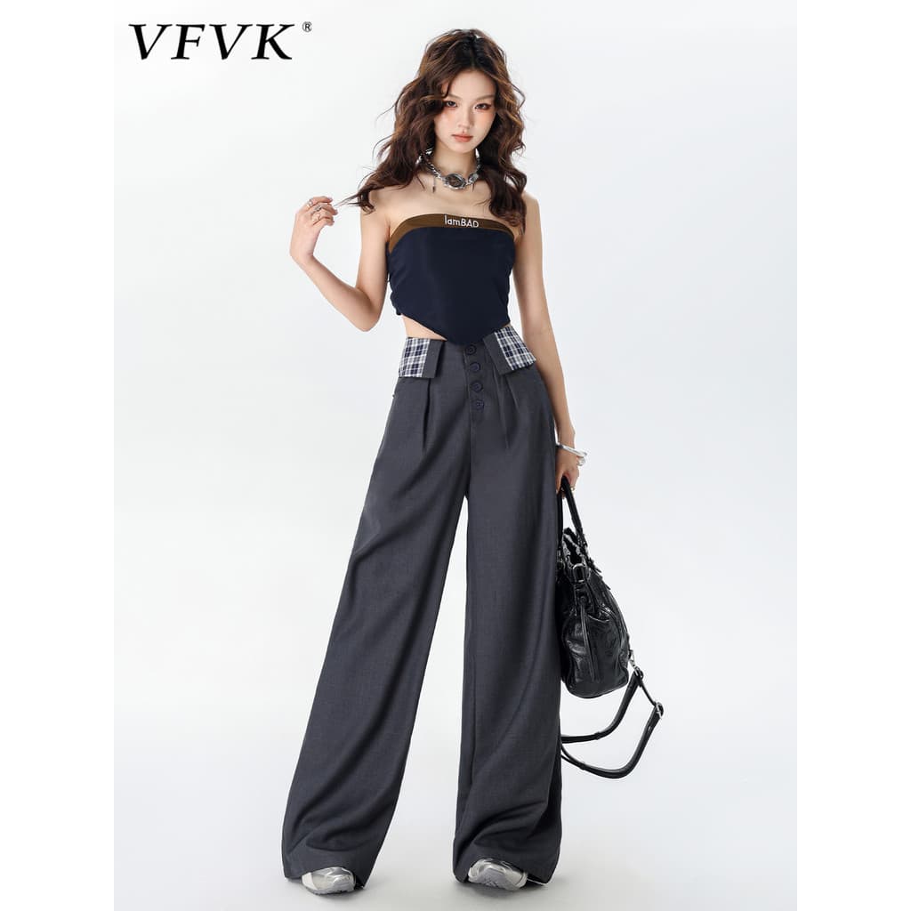 Vfvk cinza xadrez costura terno calças femininas verão estilo fino 2026 novo estilo calças de cintura alta Drape em linh