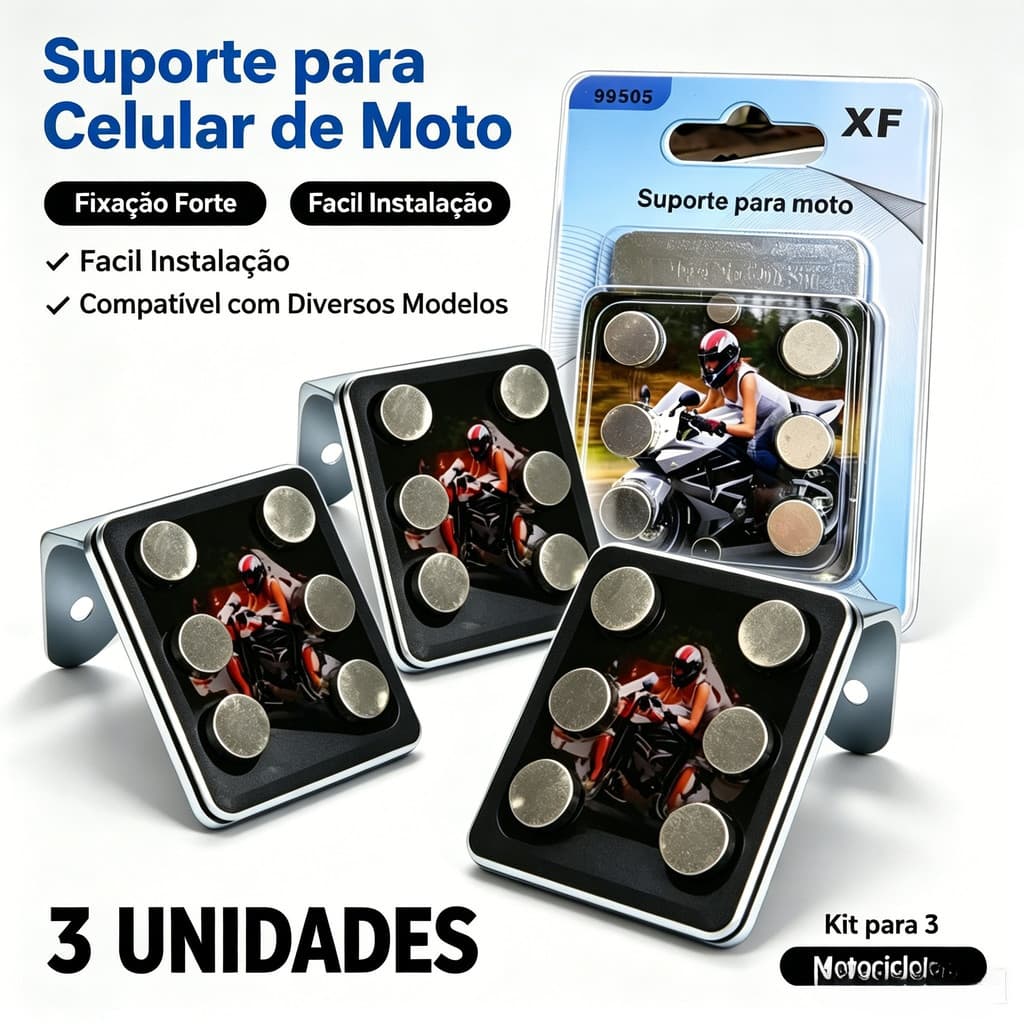 Kit 3 Suportes Magnéticos para Celular de Moto com Ímã Forte 3M Fixação Segura Universal
