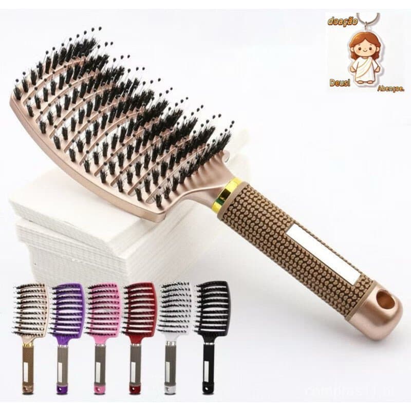 Escova De Cabelo Raquete Cerdas de Javali Dupla Vazada Curva Cor Sortida