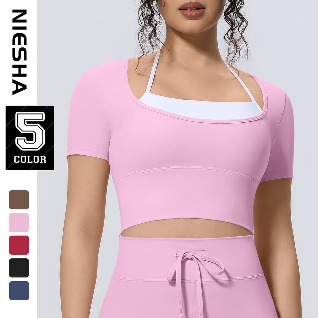 Pescoço Halter esportivo de manga curta com bloqueio de cores e almofada no peito Slim-Fit respirável Yoga Running T