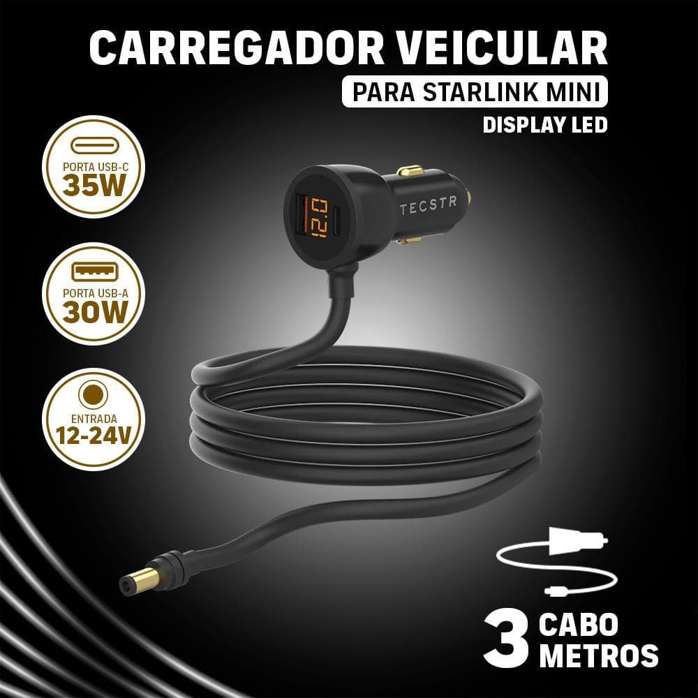 Carregador Veicular Tecstr Com 3 Metros Display Led Para Starlink Mini