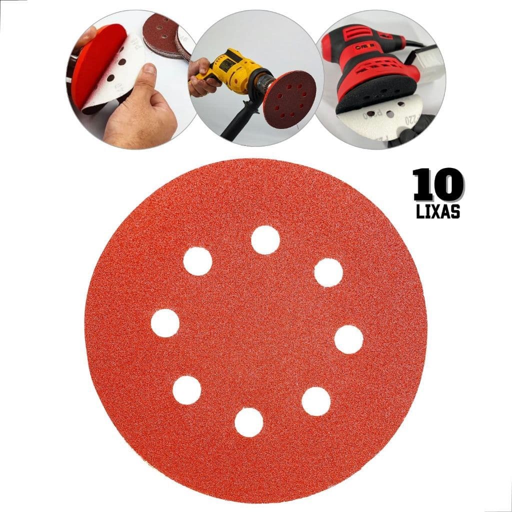 Kit 10 Disco Lixa para madeira metal massa e similares 125mm 8 Furos lixa roto orbital