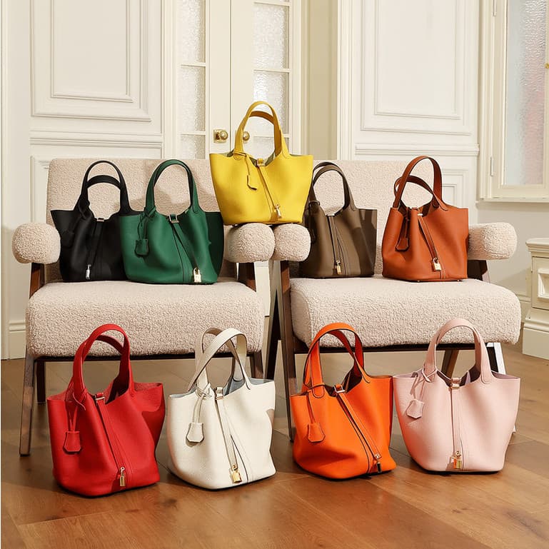 Cesta de vegetais de couro genuíno de tamanho pequeno, bolsa feminina requintada de alta qualidade, bolsa balde de 20 cm