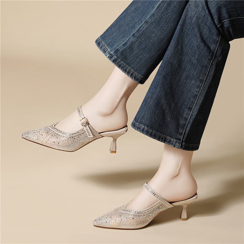 Mary Jane Sandálias Meio Antiderrapantes Malha Respirável Casual Luz Luxo Strass Apontado Salto Alto Stiletto