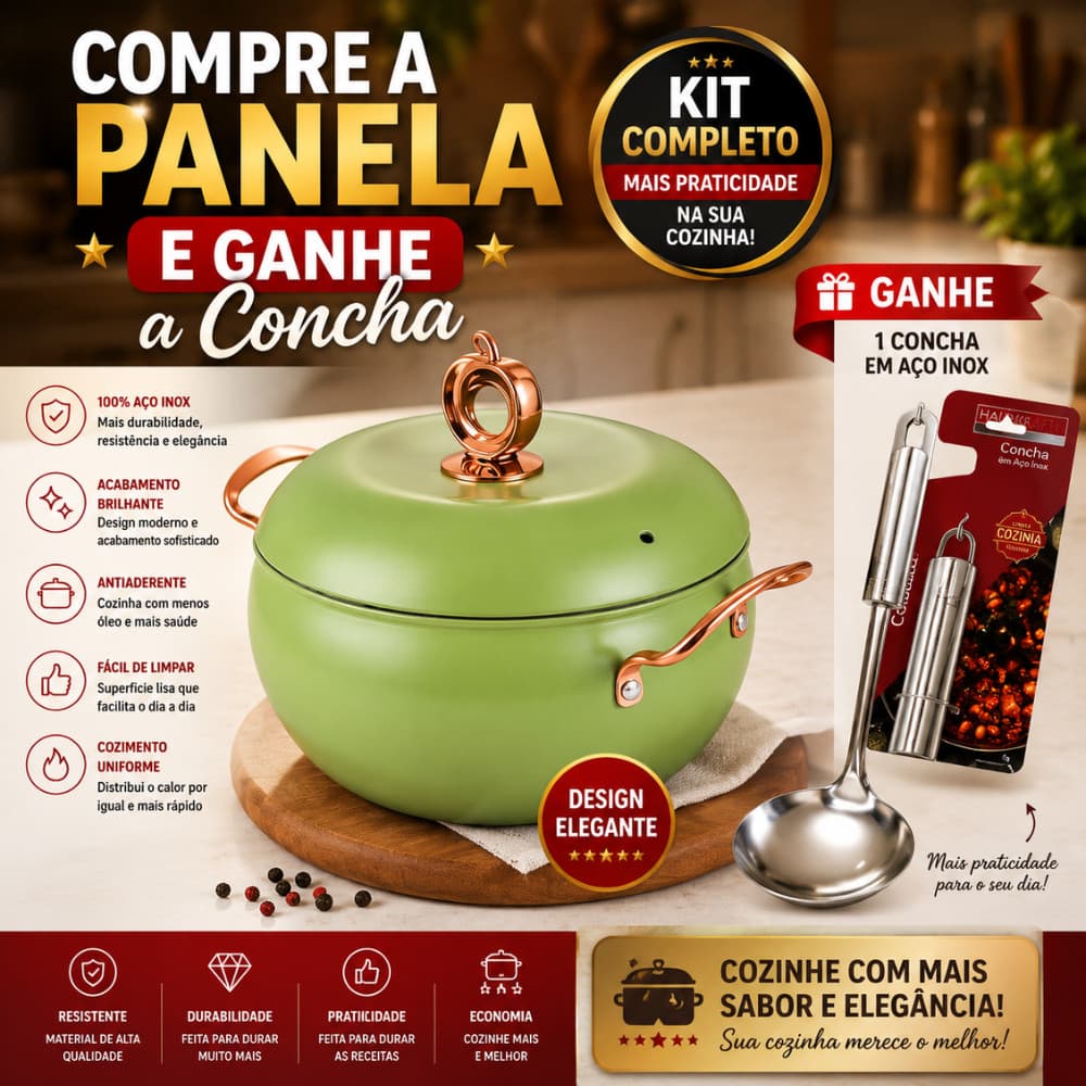 Panela Antiaderente Com Tampa Com Concha Inox De Brinde Kit Cozinha