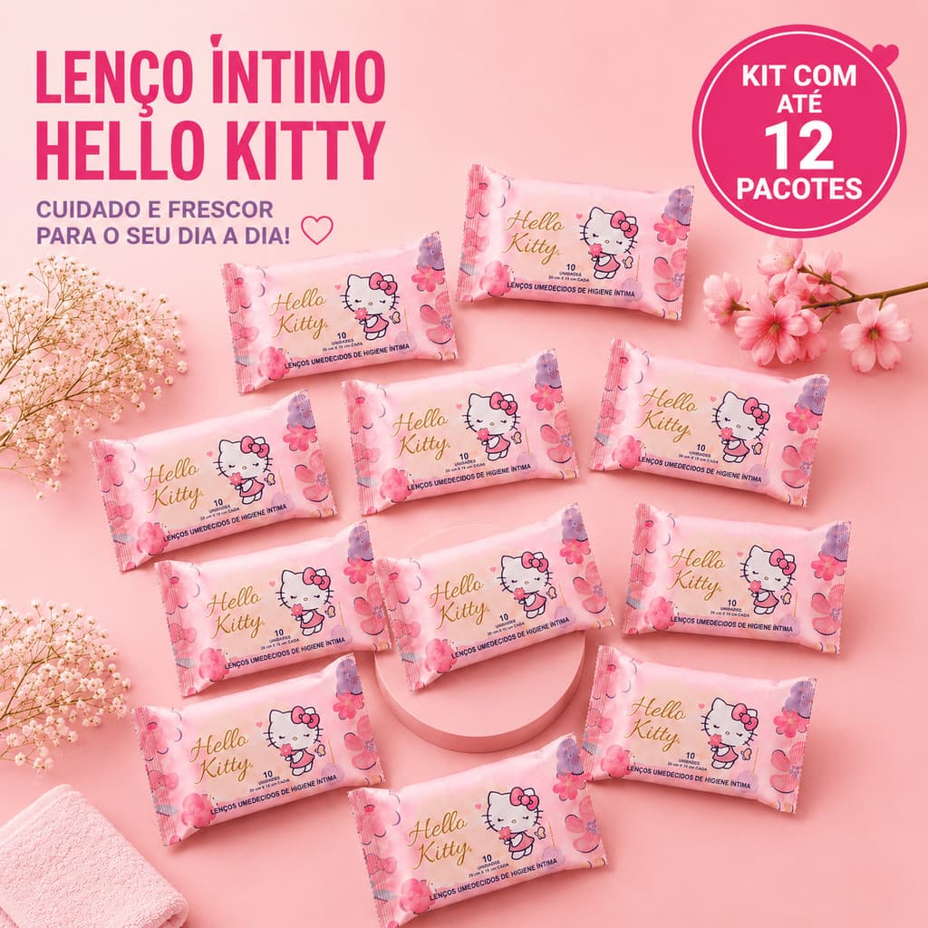 Toalha Lenços Umedecidos Intimo Hello Kitty Feminino de Bolsa Kit Lencinho Portatil até 12 Pacotes
