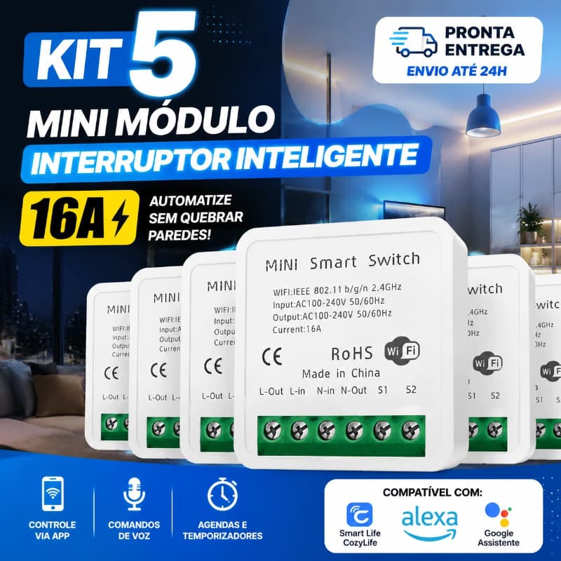 5 Pecas Mini Módulo Interruptor Inteligente 16A Automático Wi-Fi Doméstica Relé Embutir