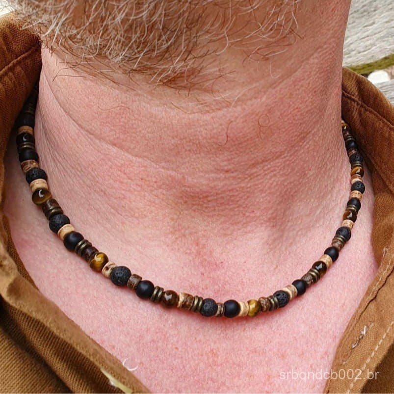 Novo Colar de Pedra Olho de Tigre com Concha de Coco e Contas de Madeira para Homens, Estilo Hip Hop, Personalidade, Mod