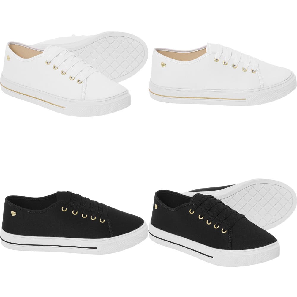 Kit 2 Tênis Feminino Pingente Coração sapato Casual Confortável Branco Preto